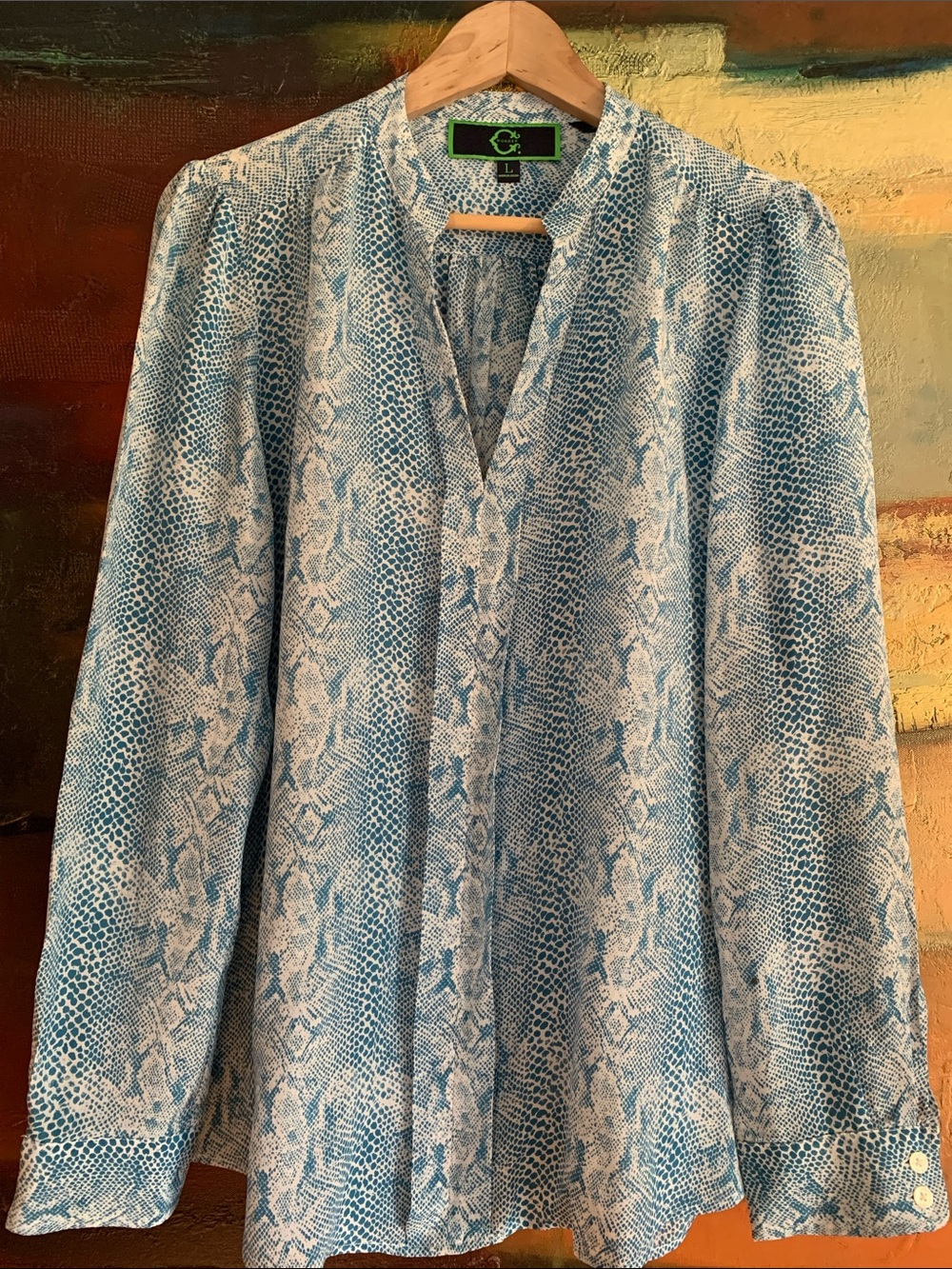 C. Wonder 100% Silk Teal Snakeskin Print Blouse Top Size L